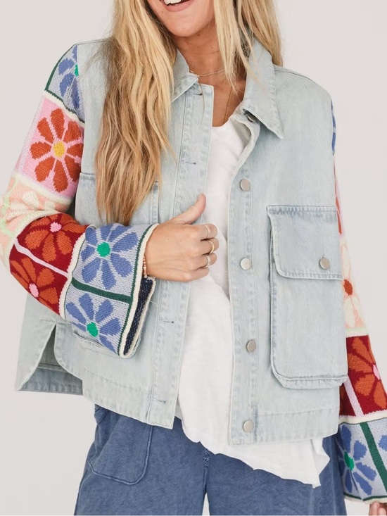 DAVI & DANI Jackets & Blazers - DAVI & DANI Women’s Adjustable Cuffs Multi Patch Denim Jacket (light denim)
